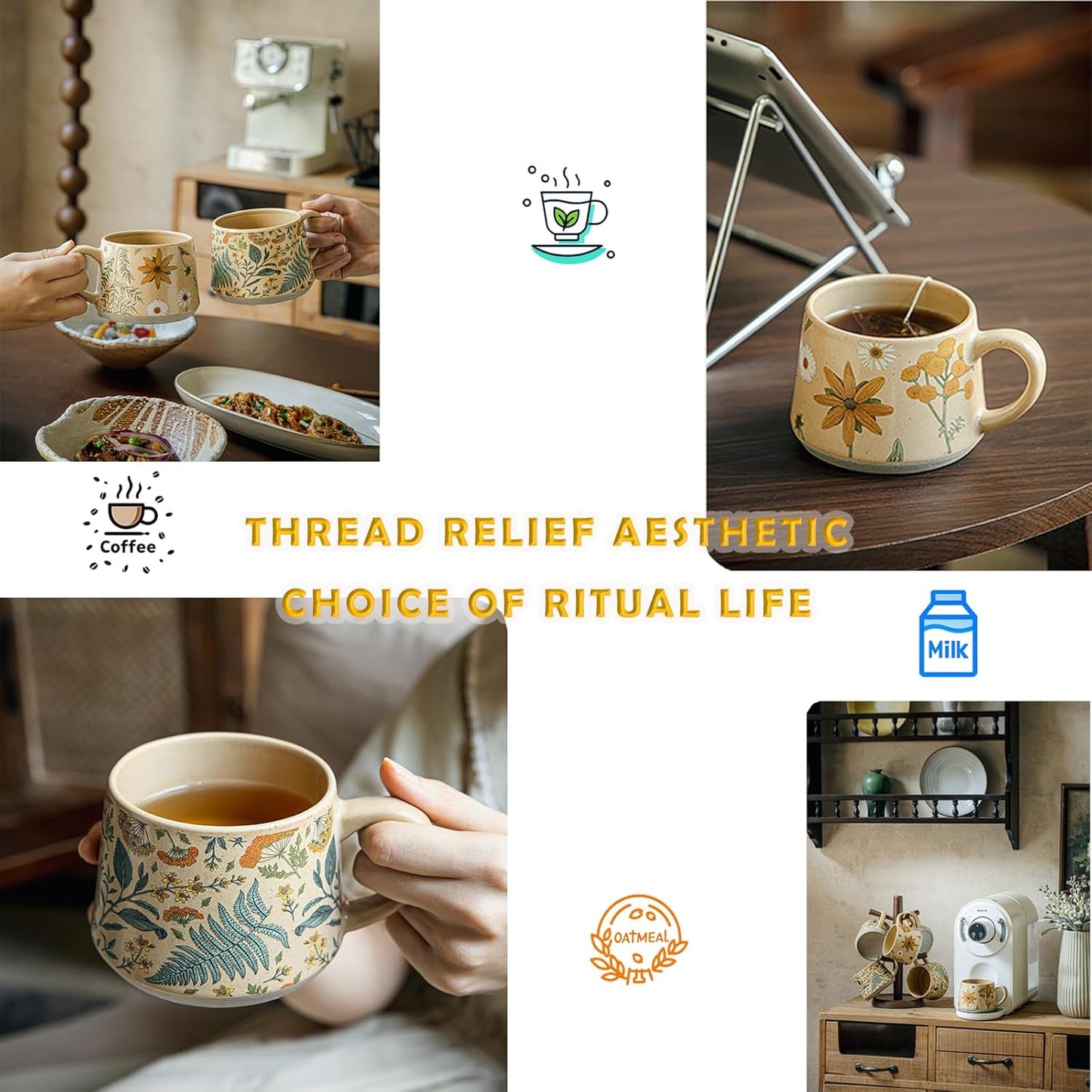 Vintage Floral Ceramic Mug 13oz (370ml) – Handmade Glaze Coffee, Tea, and Milk Cup with Handle