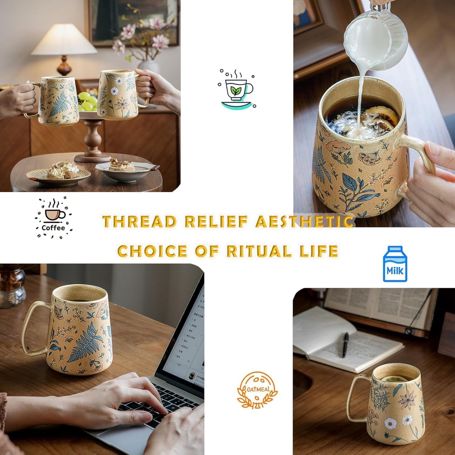 Vintage Ceramic Mug — 25oz Large Capacity Retro Floral Coffee Cup with Matte Glaze Finish