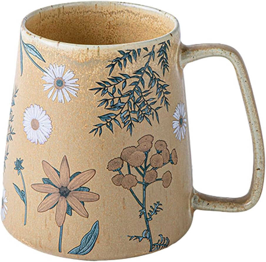 Vintage Ceramic Mug — 25oz Large Capacity Retro Floral Coffee Cup with Matte Glaze Finish