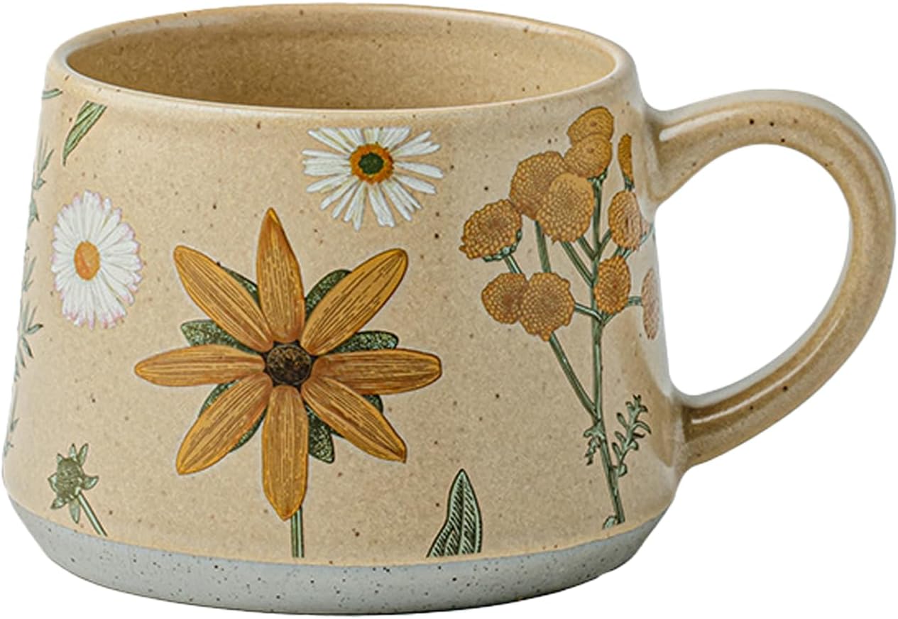 Vintage Floral Ceramic Mug 13oz (370ml) – Handmade Glaze Coffee, Tea, and Milk Cup with Handle
