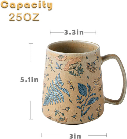 Vintage Ceramic Mug — 25oz Large Capacity Retro Floral Coffee Cup with Matte Glaze Finish