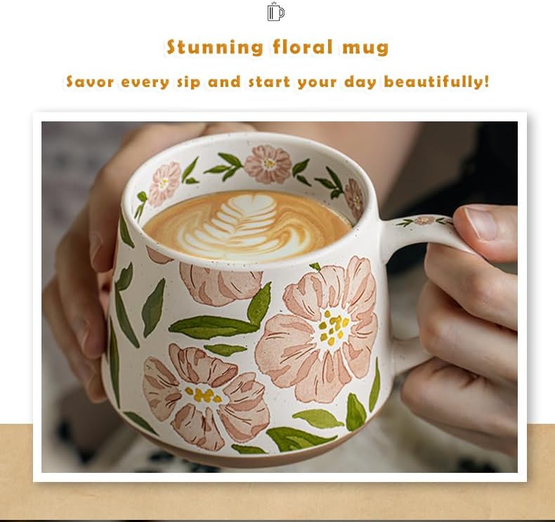 Hand-Painted Ceramic Floral Mug, 13oz Large Coffee Cup with Handle, Microwave & Dishwasher Safe