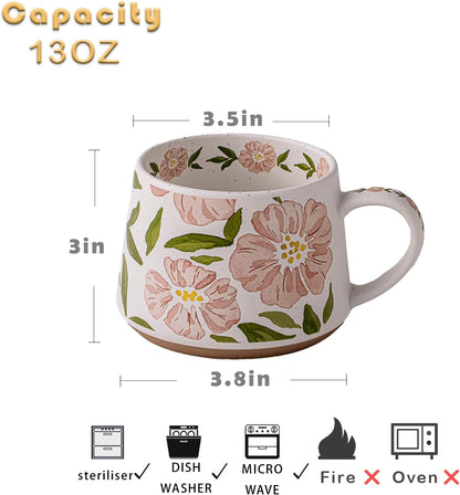 Hand-Painted Ceramic Floral Mug, 13oz Large Coffee Cup with Handle, Microwave & Dishwasher Safe