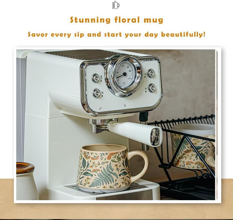 Vintage Floral Ceramic Mug 13oz (370ml) – Handmade Glaze Coffee, Tea, and Milk Cup with Handle