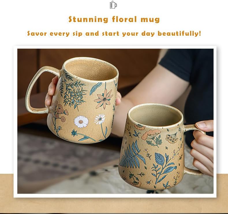 Vintage Ceramic Mug — 25oz Large Capacity Retro Floral Coffee Cup with Matte Glaze Finish