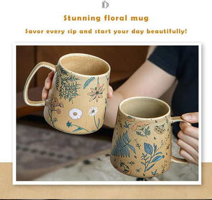 Vintage Ceramic Mug — 25oz Large Capacity Retro Floral Coffee Cup with Matte Glaze Finish