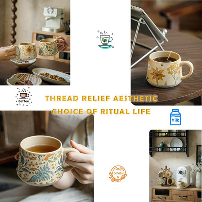 Vintage Floral Ceramic Mug 13oz (370ml) – Handmade Glaze Coffee, Tea, and Milk Cup with Handle