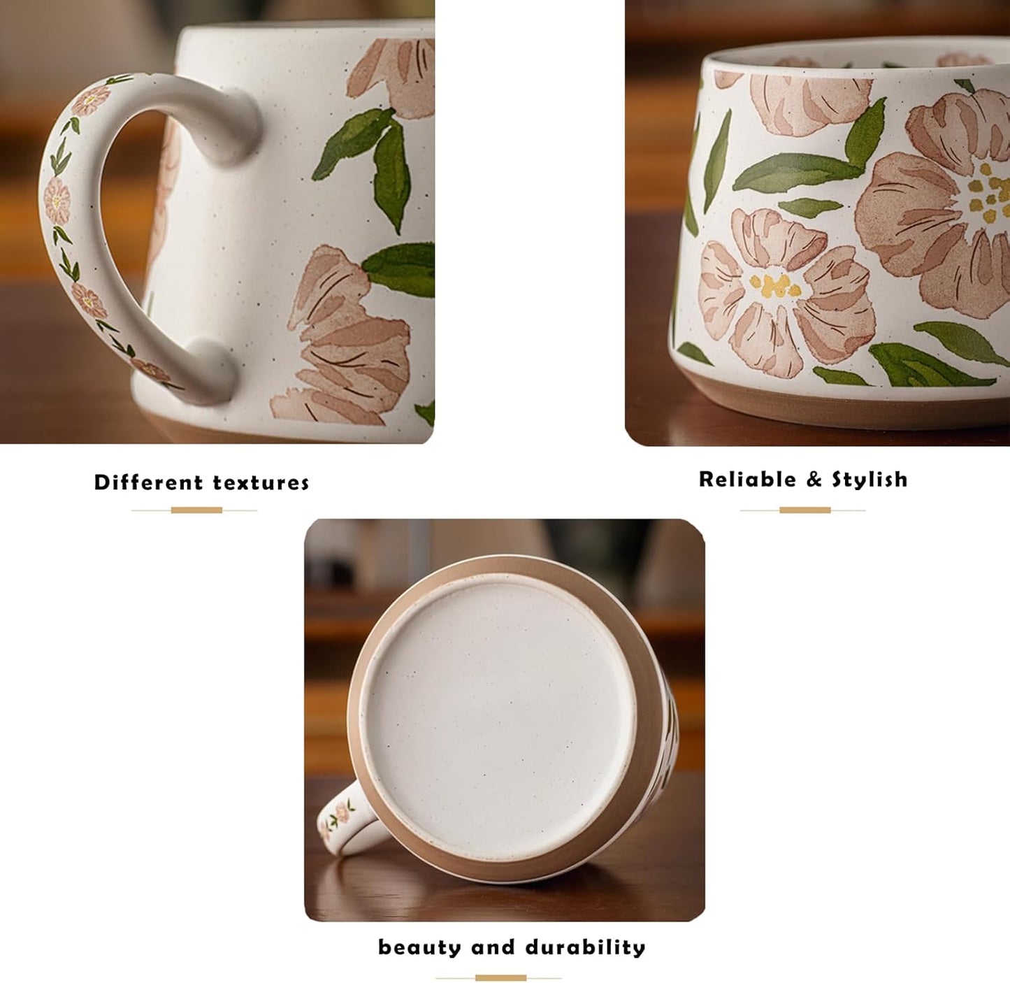 Hand-Painted Ceramic Floral Mug, 13oz Large Coffee Cup with Handle, Microwave & Dishwasher Safe
