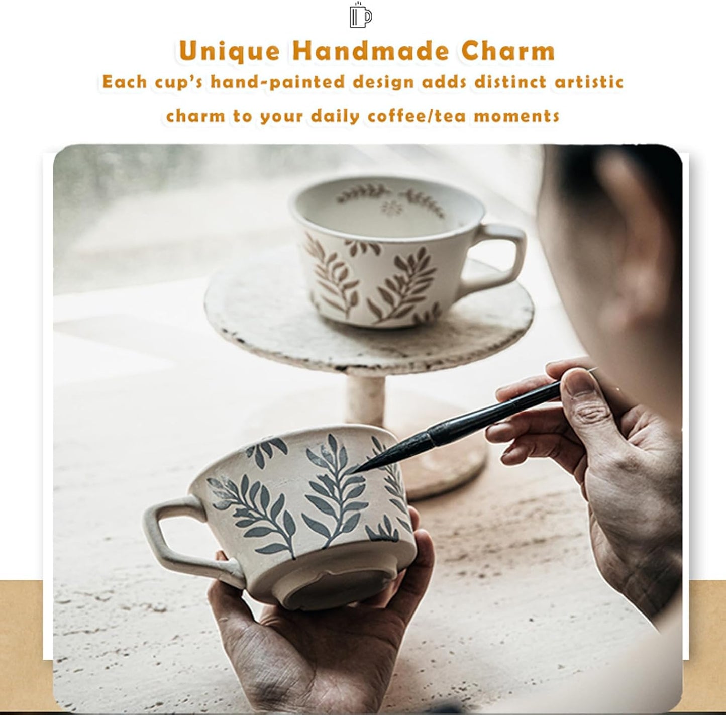 Vintage Ceramic Coffee Mug with Hand-Painted Leaf Design, 11oz – Microwave & Dishwasher Safe