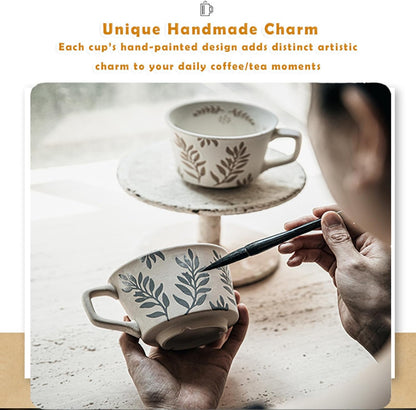 Vintage Ceramic Coffee Mug with Hand-Painted Leaf Design, 11oz – Microwave & Dishwasher Safe