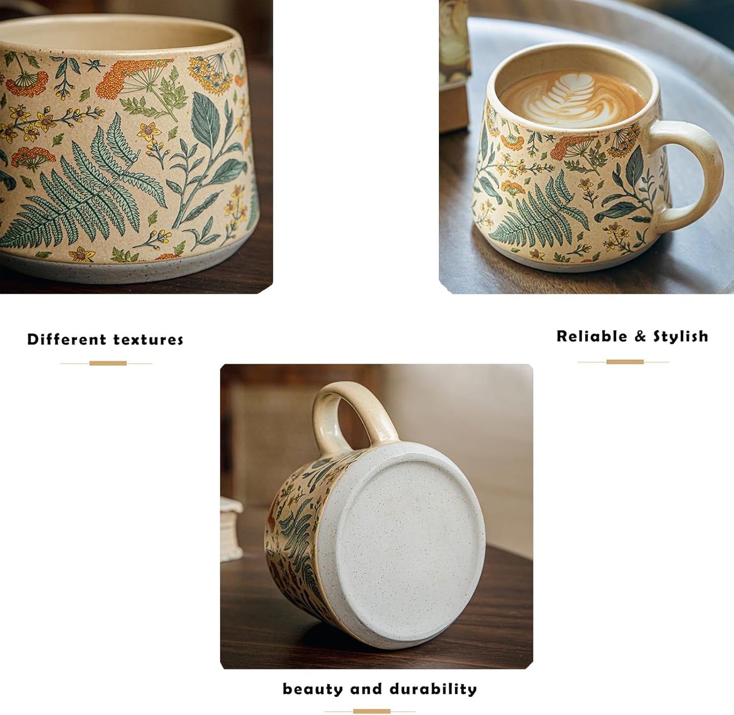 Vintage Floral Ceramic Mug 13oz (370ml) – Handmade Glaze Coffee, Tea, and Milk Cup with Handle