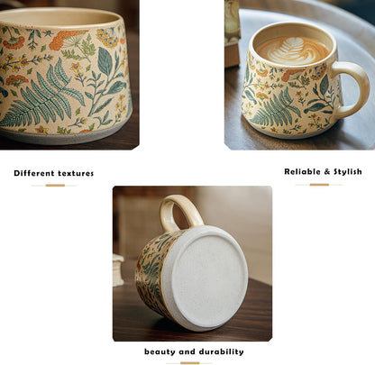 Vintage Floral Ceramic Mug 13oz (370ml) – Handmade Glaze Coffee, Tea, and Milk Cup with Handle