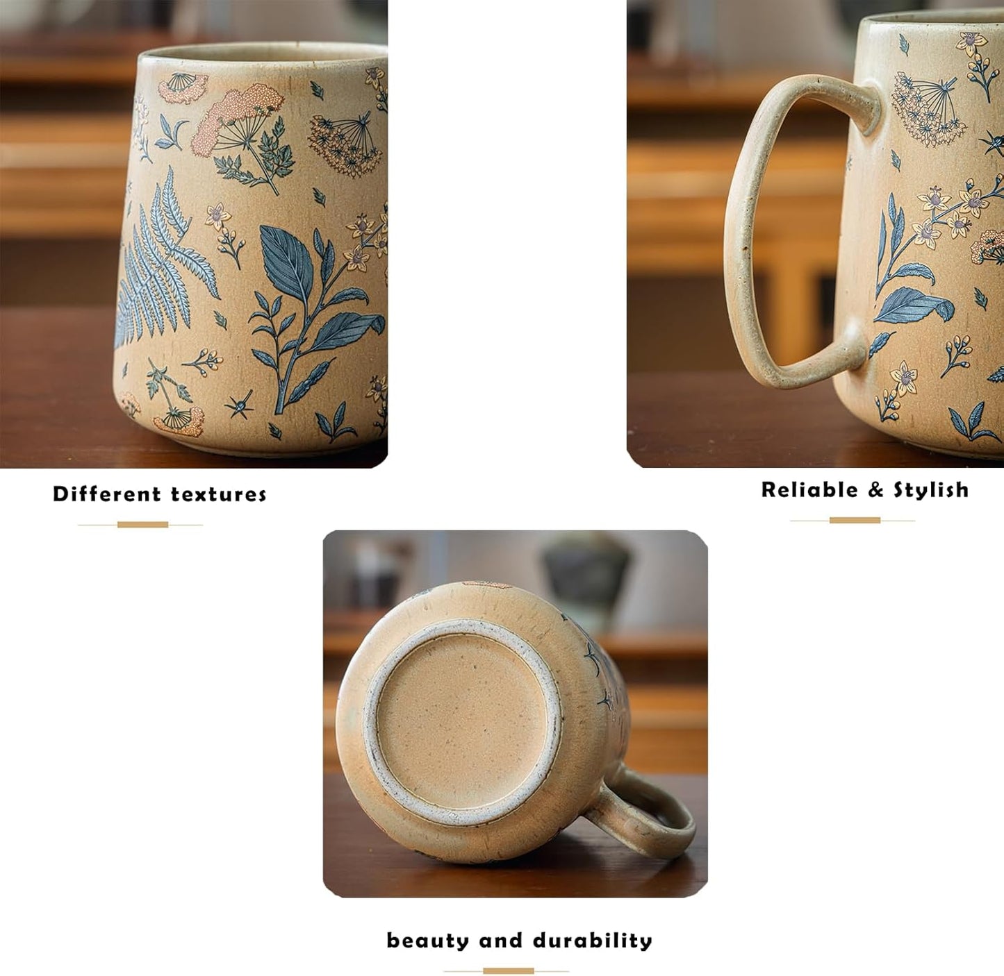 Vintage Ceramic Mug — 25oz Large Capacity Retro Floral Coffee Cup with Matte Glaze Finish