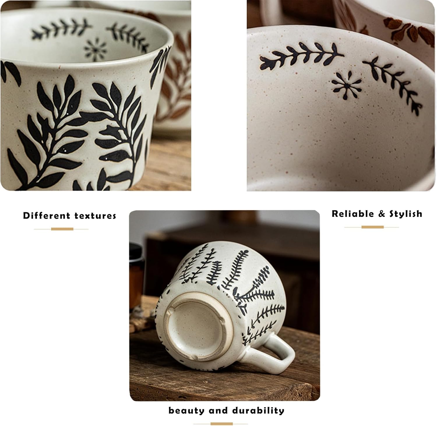 Vintage Ceramic Coffee Mug with Hand-Painted Leaf Design, 11oz – Microwave & Dishwasher Safe